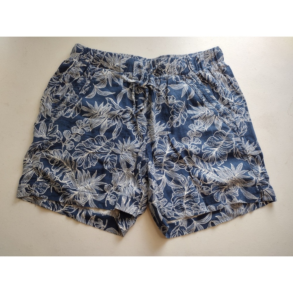 Briggs Womens Navy Blue Tropical Leaf Print Linen Blend Pull On Shorts Size S